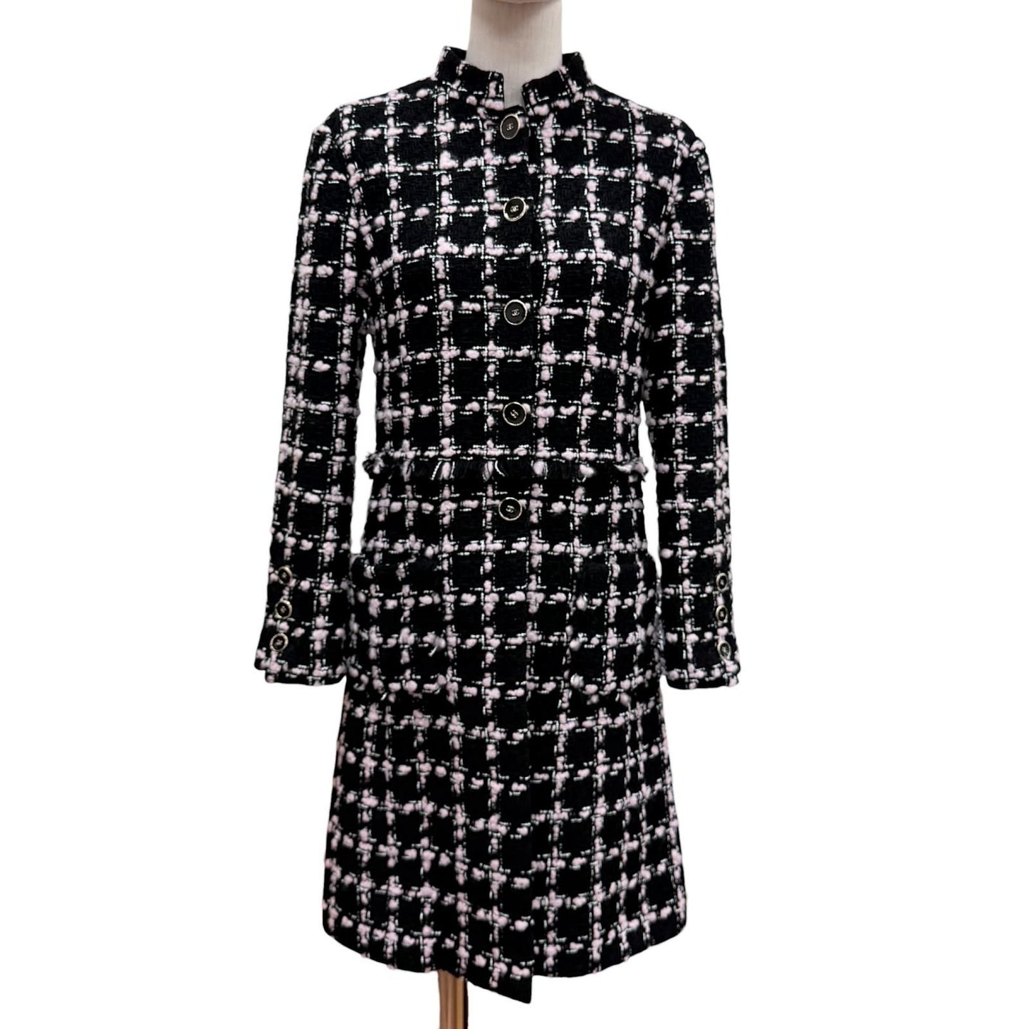 Chanel Wool Coco Button with Fringe Tweed Coat Black Pink 34