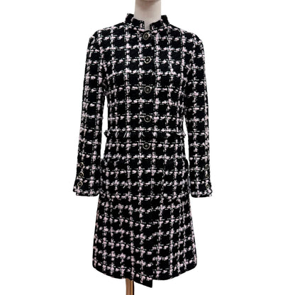 Chanel Wool Coco Button with Fringe Tweed Coat Black Pink 34
