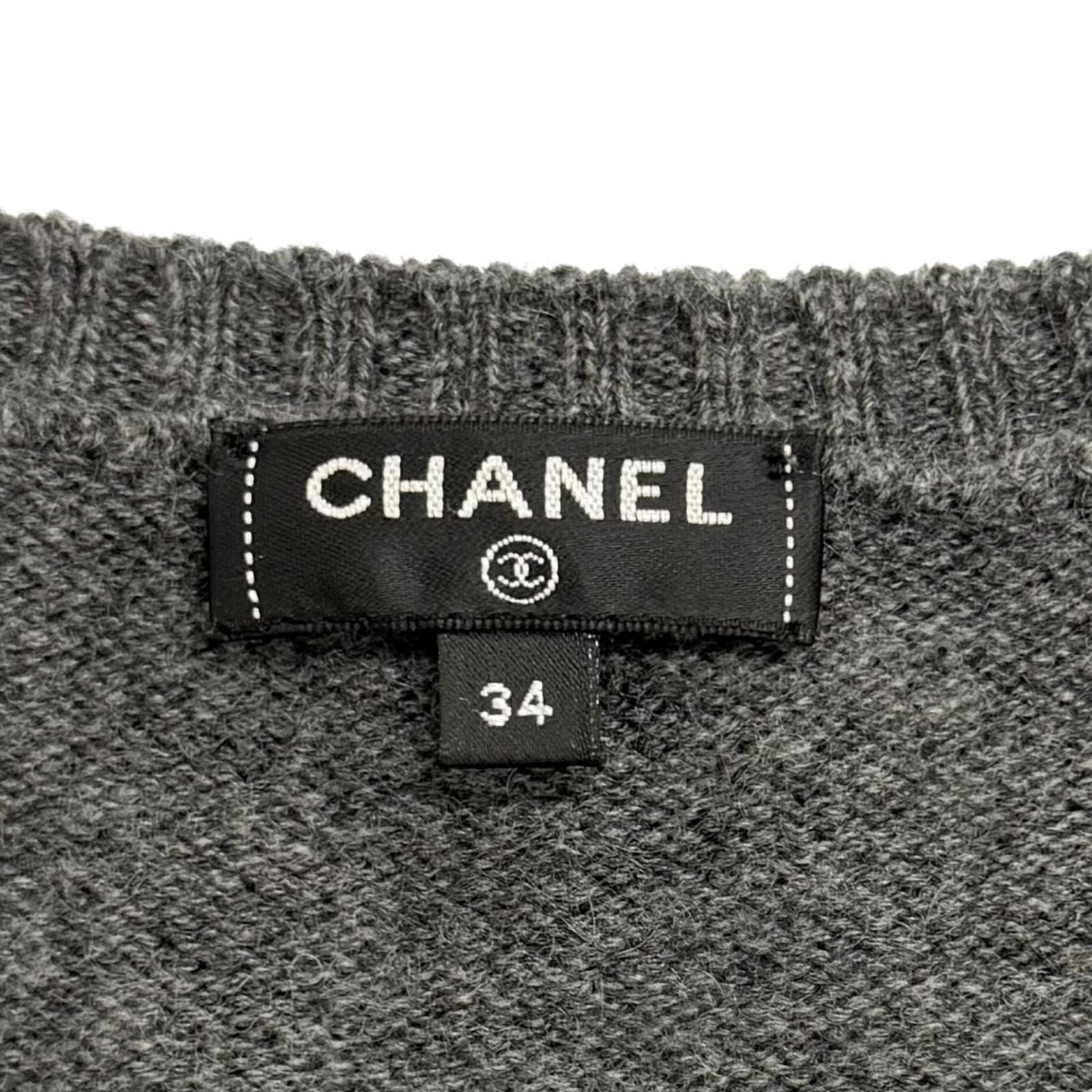 Chanel Cashmere with CC Logo Plate Gabrielle Coco Neck Long Sleeve Knit Gray 34 — view 7