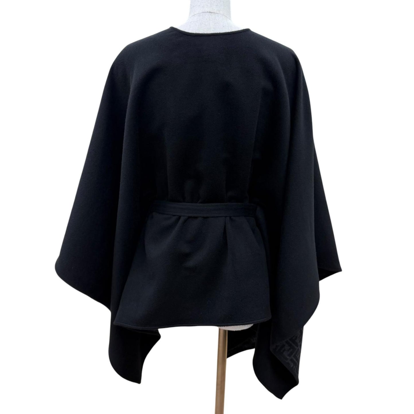 Fendi Cashmere Silk Blend Lining Zucca Pattern Belt Cape Coat Poncho Black — view 4