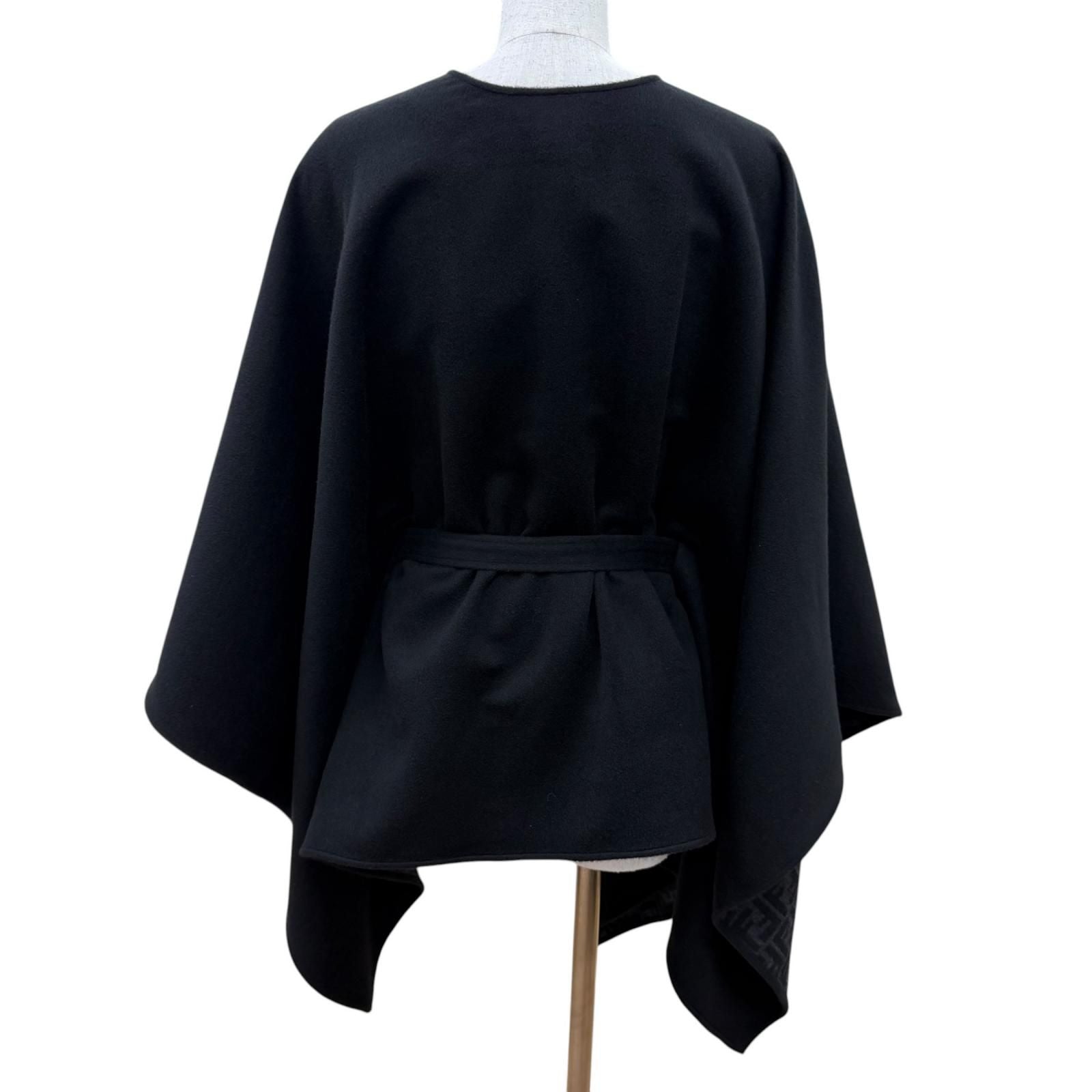 Fendi Cashmere Silk Blend Lining Zucca Pattern Belt Cape Coat Poncho Black — view 4