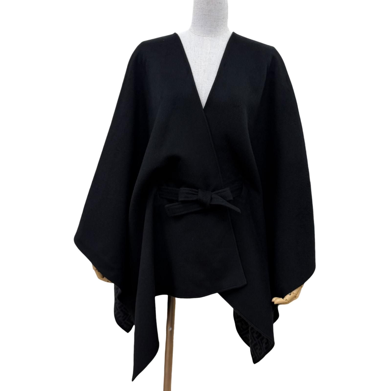 Fendi Cashmere Silk Blend Lining Zucca Pattern Belt Cape Coat Poncho Black