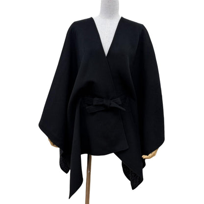 Fendi Cashmere Silk Blend Lining Zucca Pattern Belt Cape Coat Poncho Black