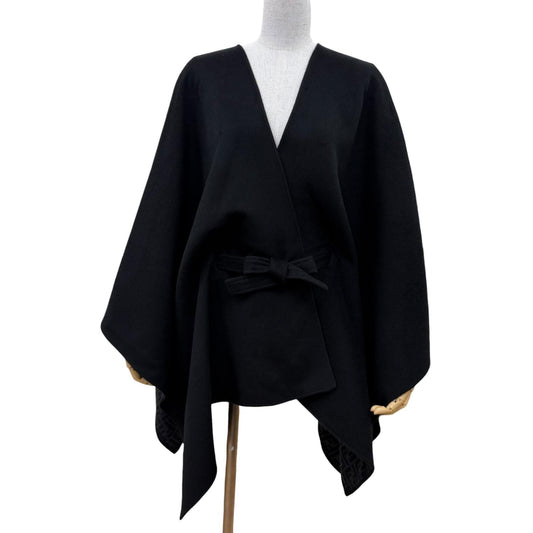 Fendi Cashmere Silk Blend Lining Zucca Pattern Belt Cape Coat Poncho Black