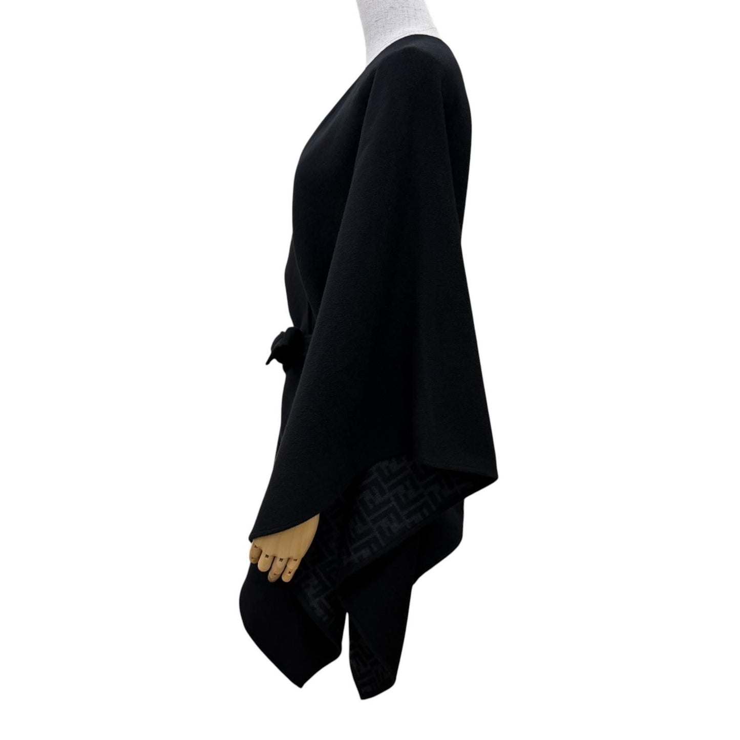 Fendi Cashmere Silk Blend Lining Zucca Pattern Belt Cape Coat Poncho Black — view 3