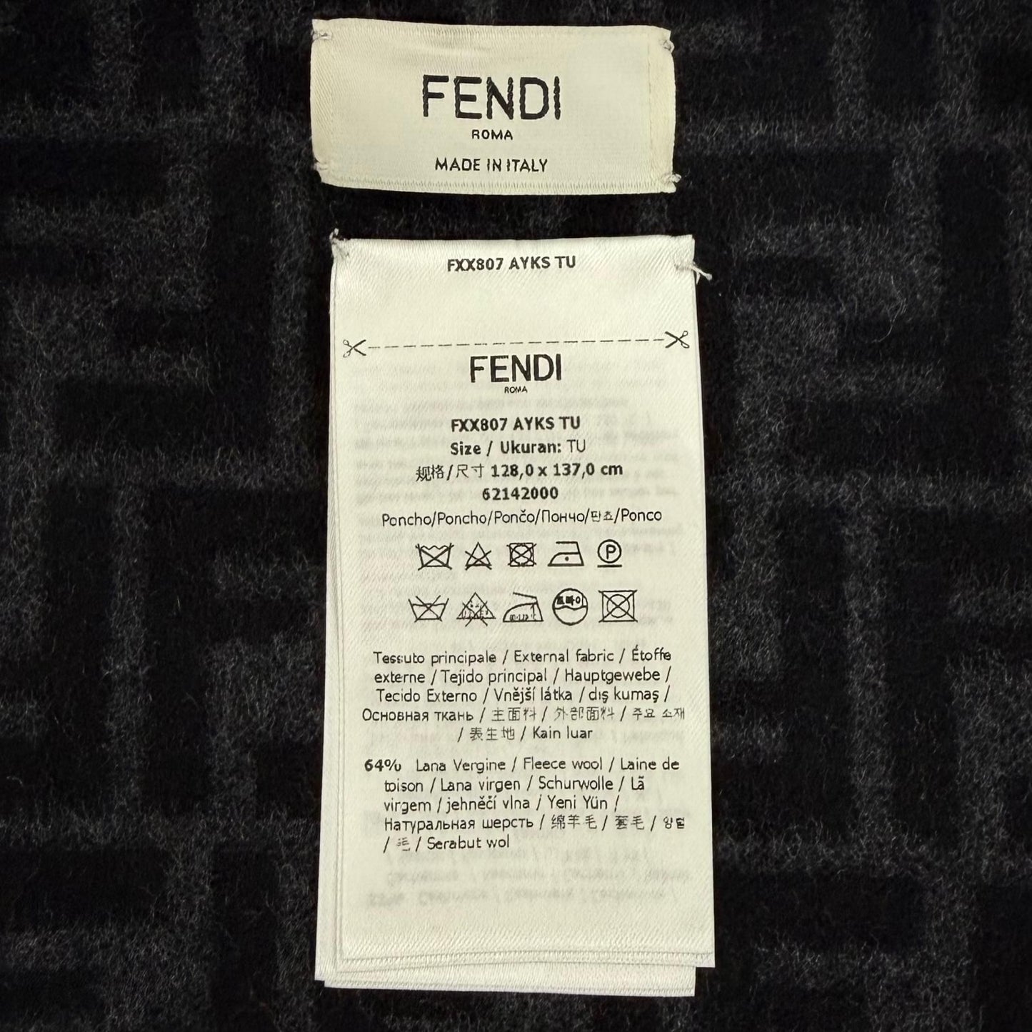Fendi Cashmere Silk Blend Lining Zucca Pattern Belt Cape Coat Poncho Black — view 7