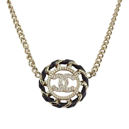 Chanel CC Logo Choker Pendant Metal Leather Strass with Champagne Gold
