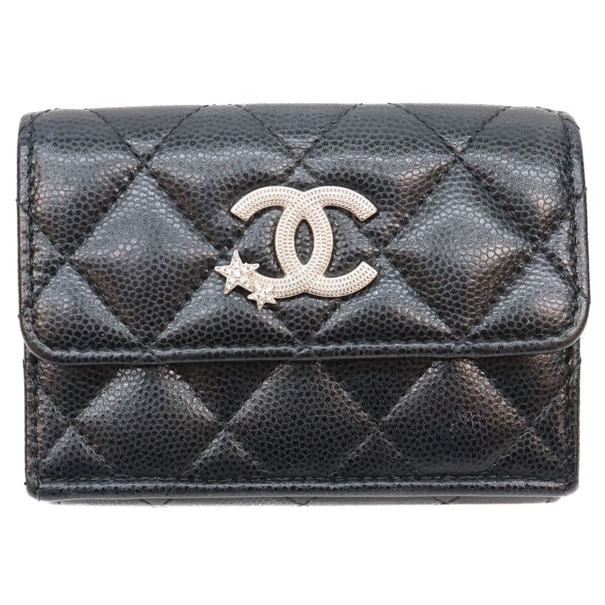 Chanel Black CC Logo Star Caviar Leather Silver Trifold Wallet