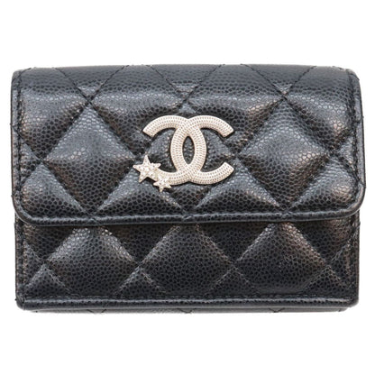 Chanel Black CC Logo Star Caviar Leather Silver Trifold Wallet