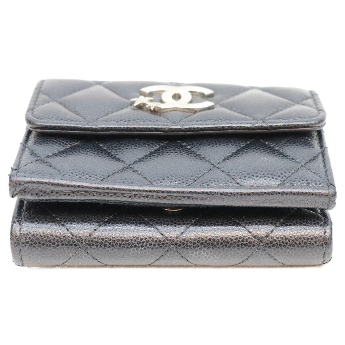 Chanel Black CC Logo Star Caviar Leather Silver Trifold Wallet — view 5