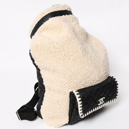 Chanel Coco Niege Neige Backpack CC Logo Nylon Fleece Beige Black — view 3