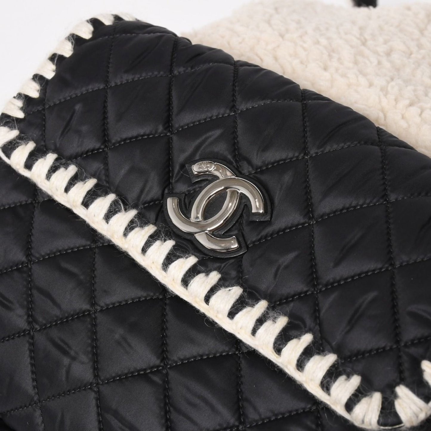 Chanel Coco Niege Neige Backpack CC Logo Nylon Fleece Beige Black — view 7