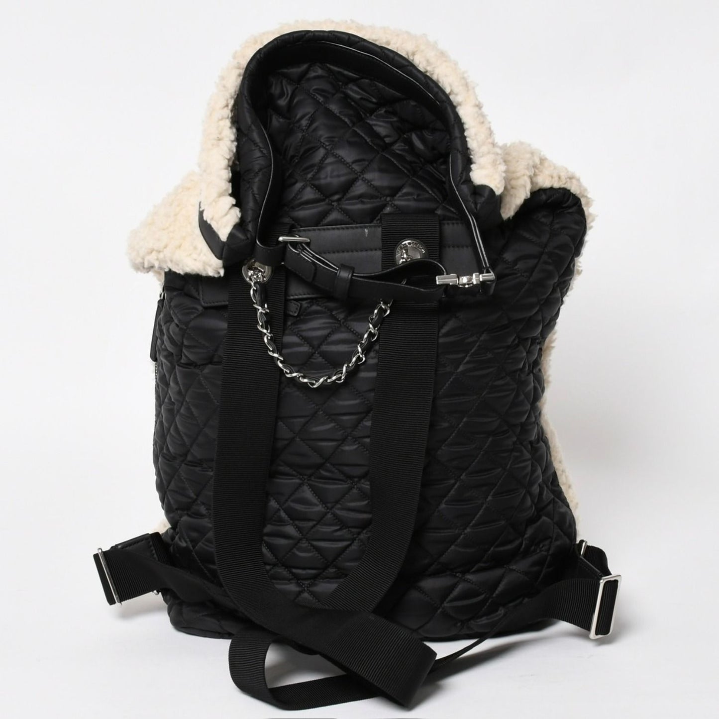 Chanel Coco Niege Neige Backpack CC Logo Nylon Fleece Beige Black — view 2