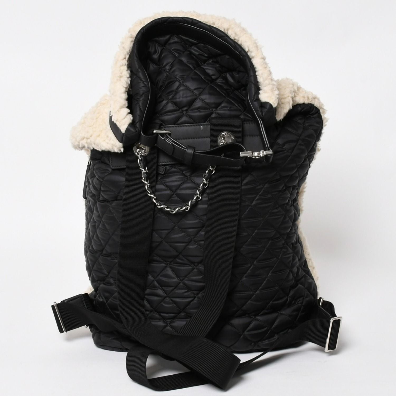 Chanel Coco Niege Neige Backpack CC Logo Nylon Fleece Beige Black — view 2