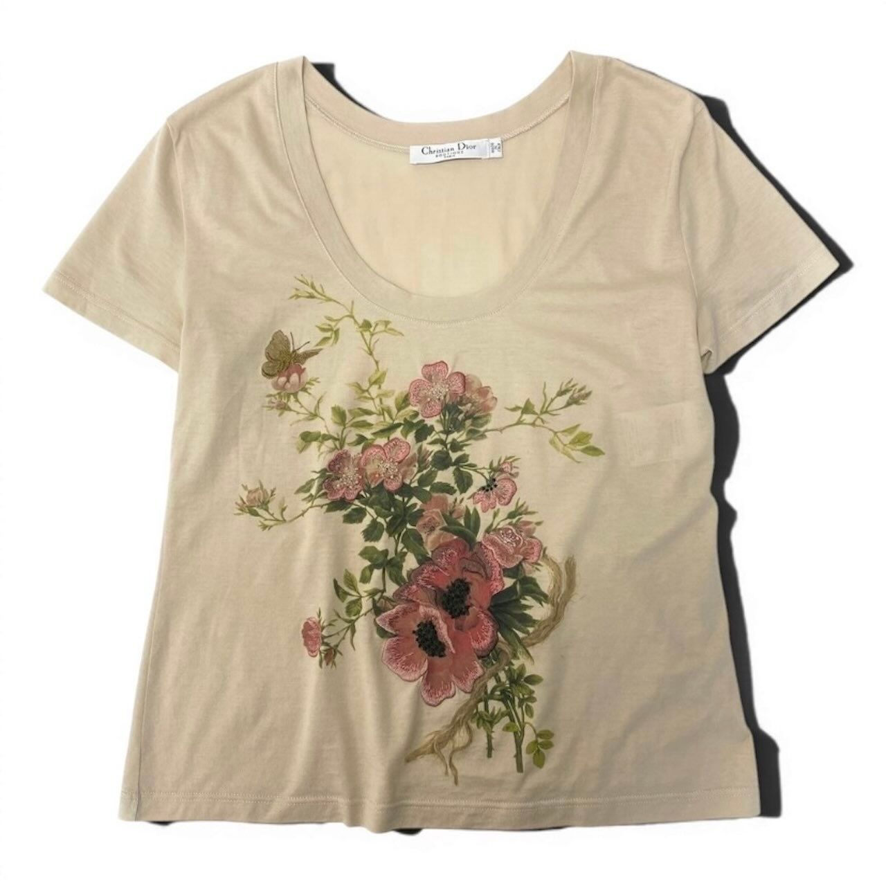 Dior Galiano Era Neck Flower Embroidery Beige Baby Pink Cotton Short Sleeve — view 2