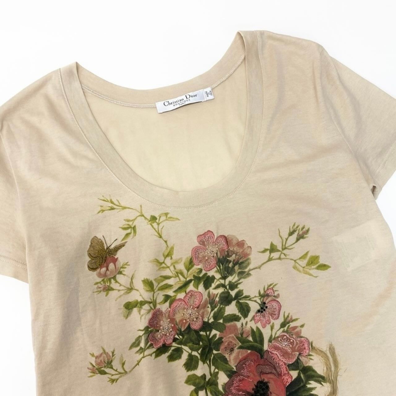 Dior Galiano Era Neck Flower Embroidery Beige Baby Pink Cotton Short Sleeve — view 4