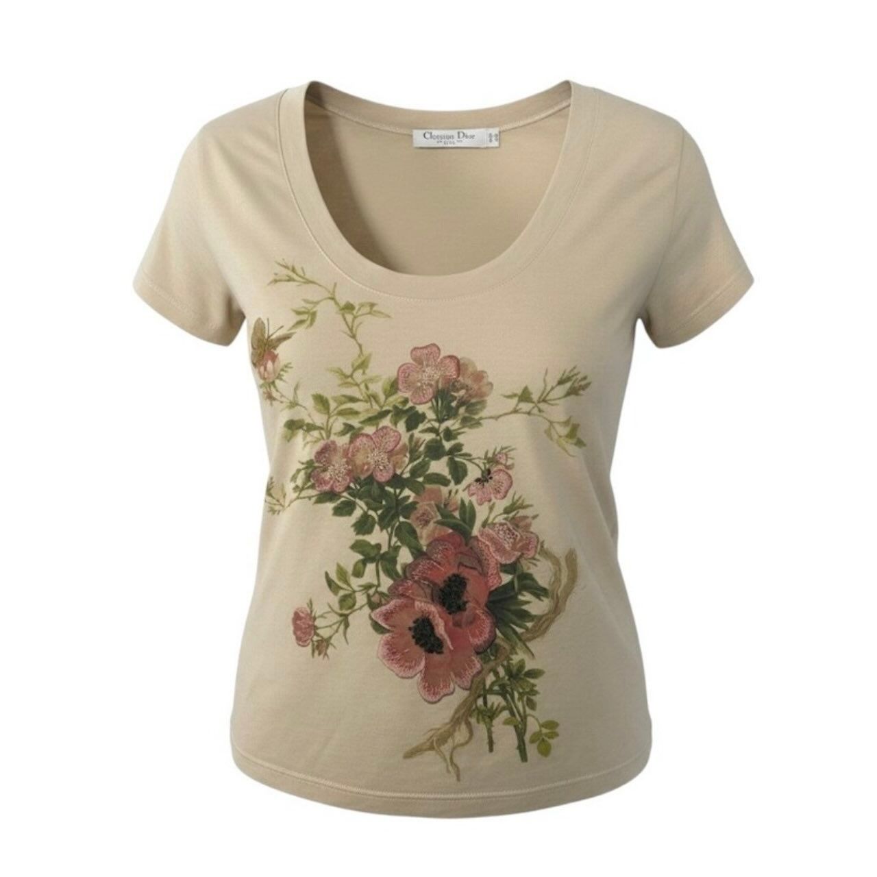 Dior Galiano Era Neck Flower Embroidery Beige Baby Pink Cotton Short Sleeve
