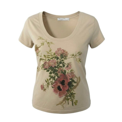 Dior Galiano Era Neck Flower Embroidery Beige Baby Pink Cotton Short Sleeve