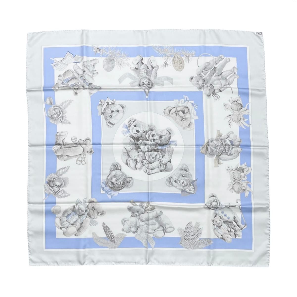 Hermes Silk Scarf Carre 90 Friends of the Heart Teddy Bear Blue White Confidents — view 2