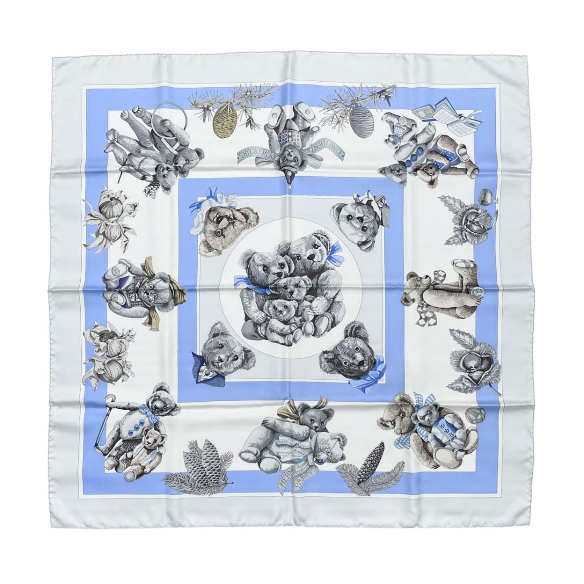 Hermes Silk Scarf Carre 90 Friends of the Heart Teddy Bear Blue White Confidents