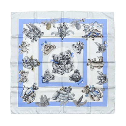 Hermes Silk Scarf Carre 90 Friends of the Heart Teddy Bear Blue White Confidents