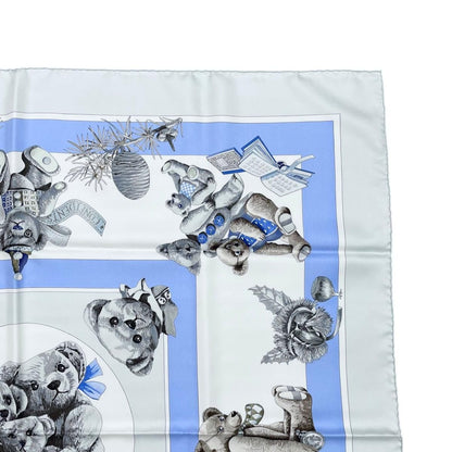 Hermes Silk Scarf Carre 90 Friends of the Heart Teddy Bear Blue White Confidents — view 4