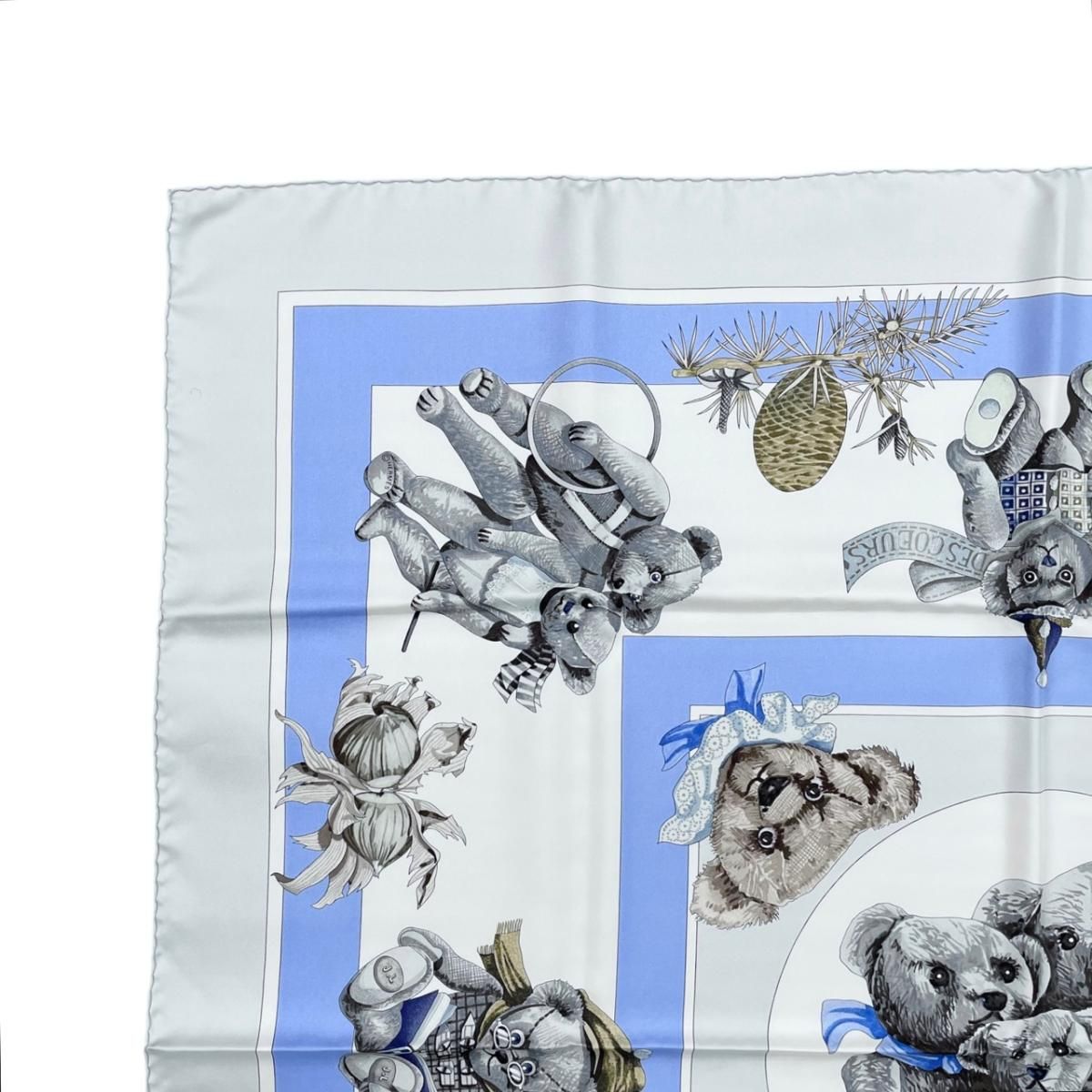 Hermes Silk Scarf Carre 90 Friends of the Heart Teddy Bear Blue White Confidents — view 3