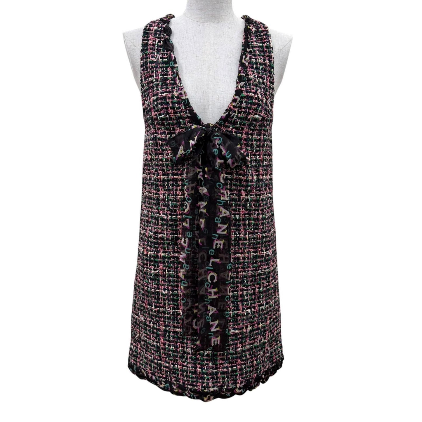 Chanel Silk Logo with Ribbon Tie Tweed Sleeveless Dress Multicolor 34