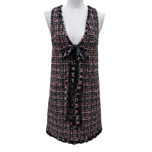 Chanel Silk Logo with Ribbon Tie Tweed Sleeveless Dress Multicolor 34