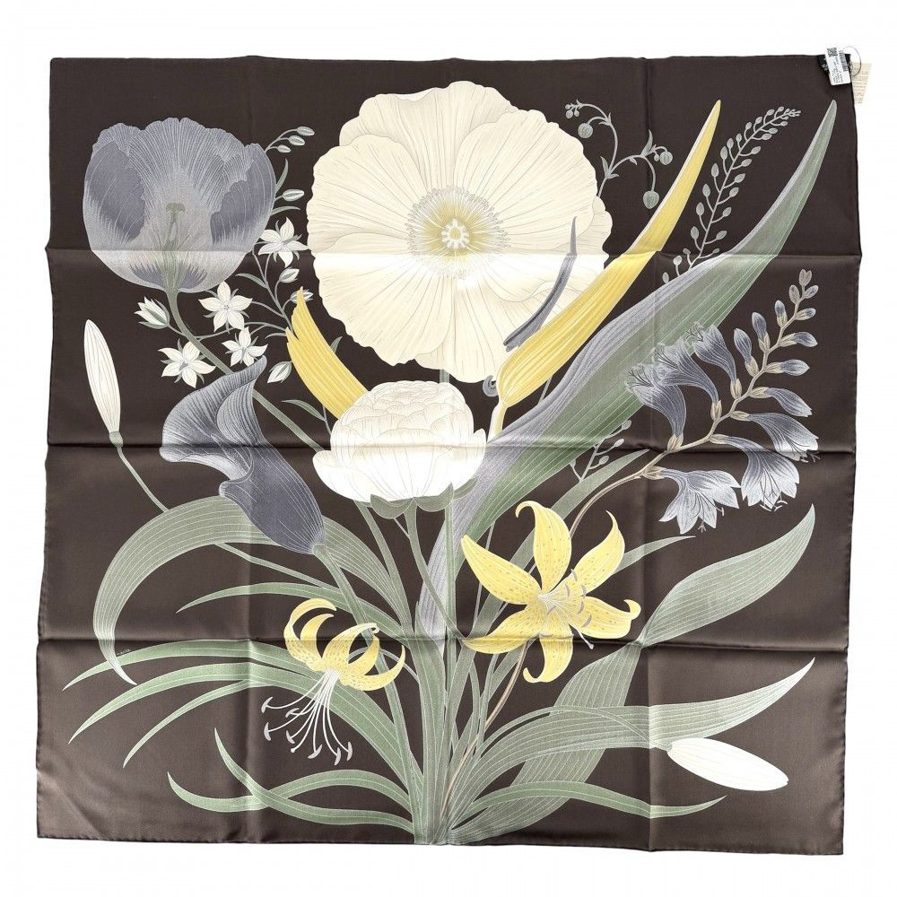 Hermes Shawl Carre 90 Bouquet Final Scarf Silk Brown White — view 2