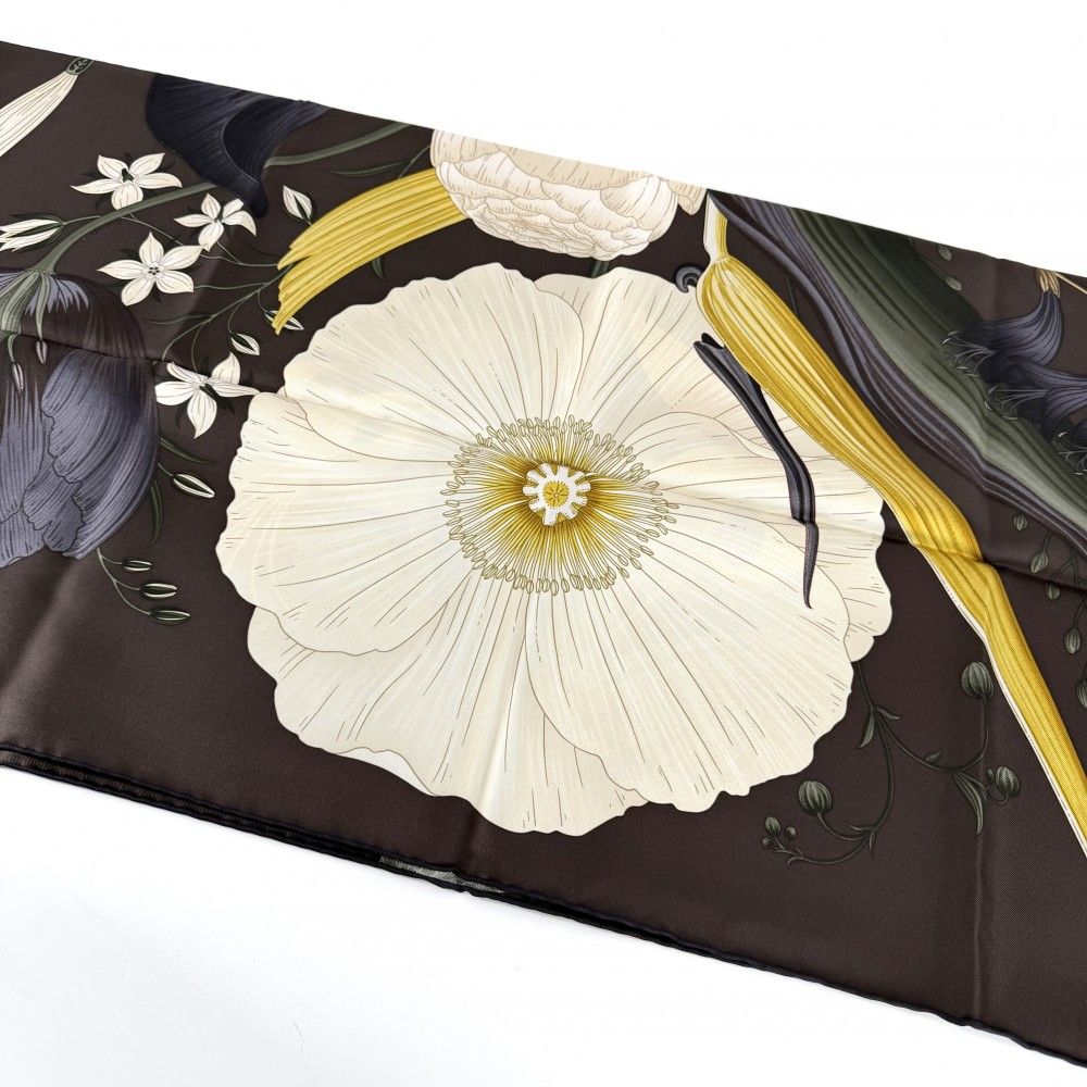 Hermes Shawl Carre 90 Bouquet Final Scarf Silk Brown White — view 4