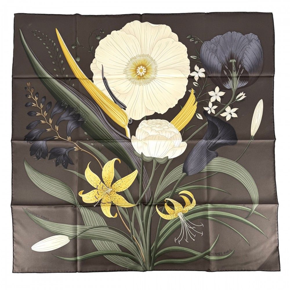 Hermes Shawl Carre 90 Bouquet Final Scarf Silk Brown White