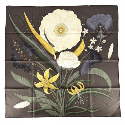 Hermes Shawl Carre 90 Bouquet Final Scarf Silk Brown White