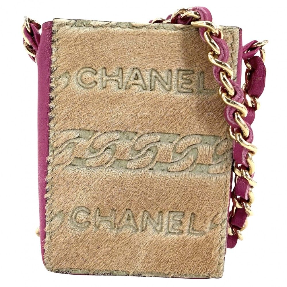 Chanel Chain Shoulder Cigarette Case Pouch Mini Bag Calf Hair Leather Pink