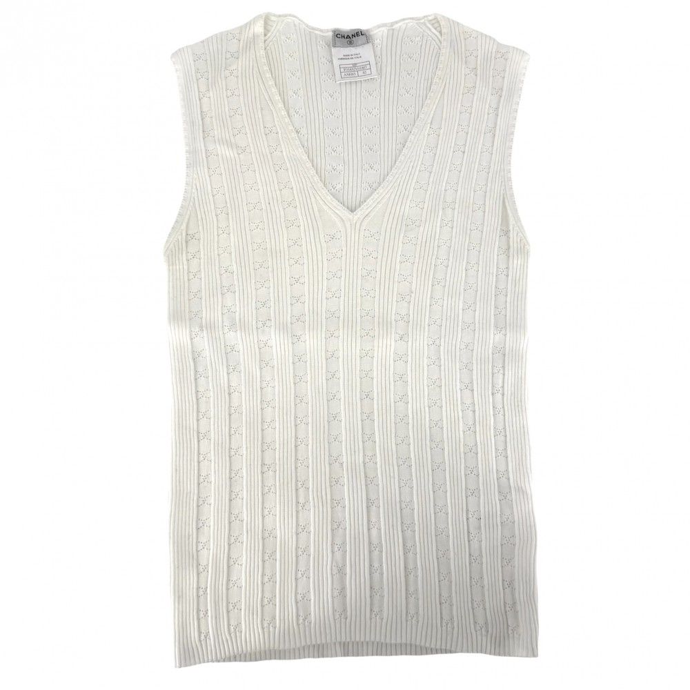 Chanel Tank Top Sleeveless Top Striped Lace 42 White Cotton Summer