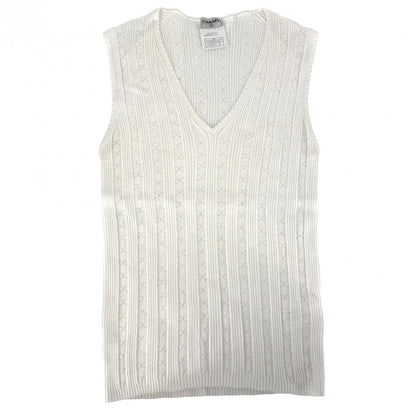 Chanel Tank Top Sleeveless Top Striped Lace 42 White Cotton Summer