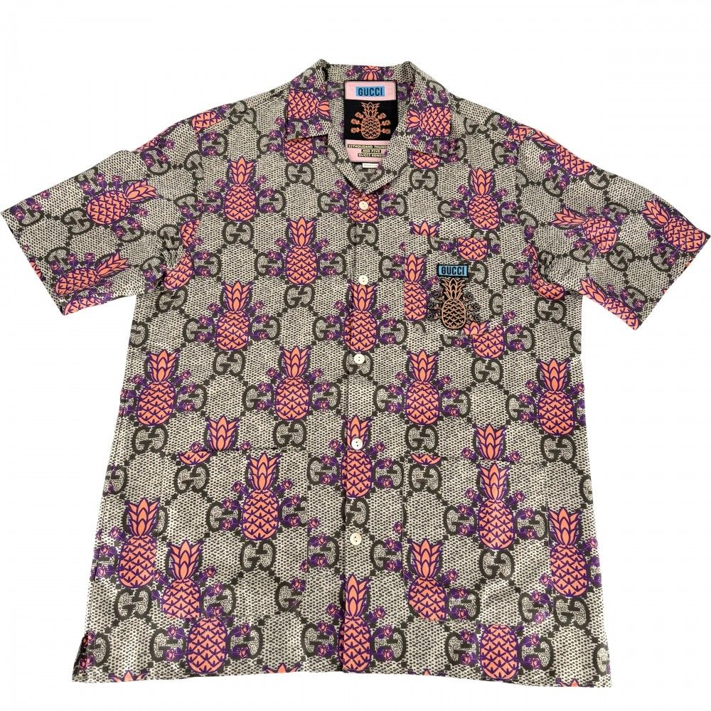 Gucci Short Sleeve Shirt GG Pineapple Top 44 Brown Orange Silk Spring Summer