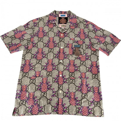 Gucci Short Sleeve Shirt GG Pineapple Top 44 Brown Orange Silk Spring Summer