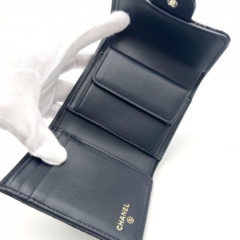 Chanel Bifold Wallet Quilted Small Mini CC Logo Denim Navy Gold — view 7