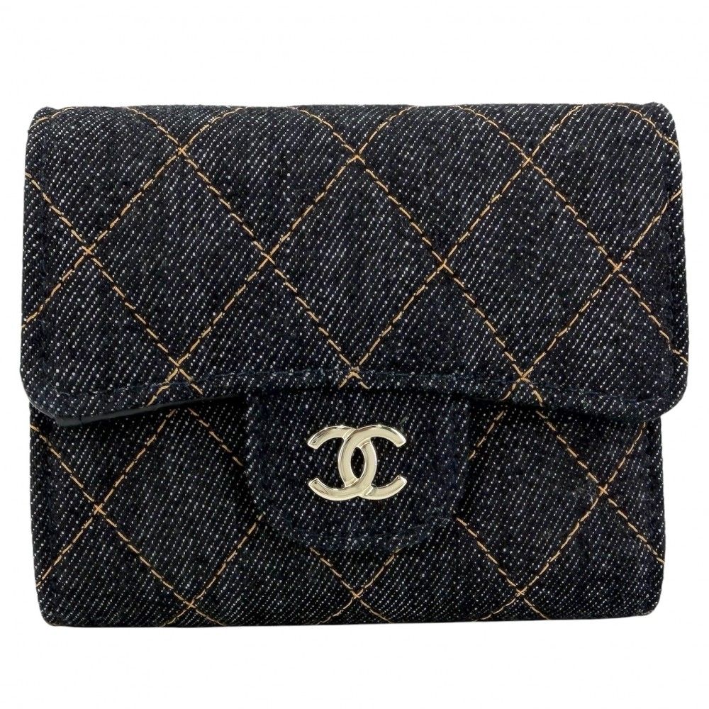 Chanel Bifold Wallet Quilted Small Mini CC Logo Denim Navy Gold