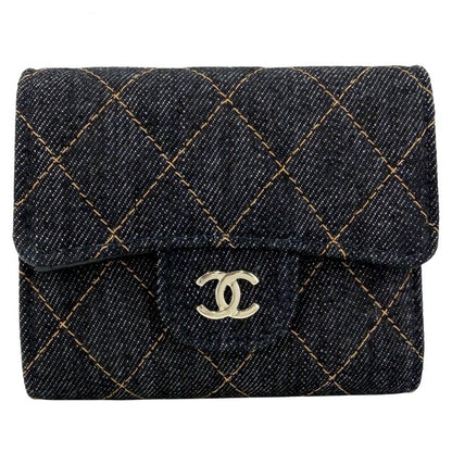 Chanel Bifold Wallet Quilted Small Mini CC Logo Denim Navy Gold