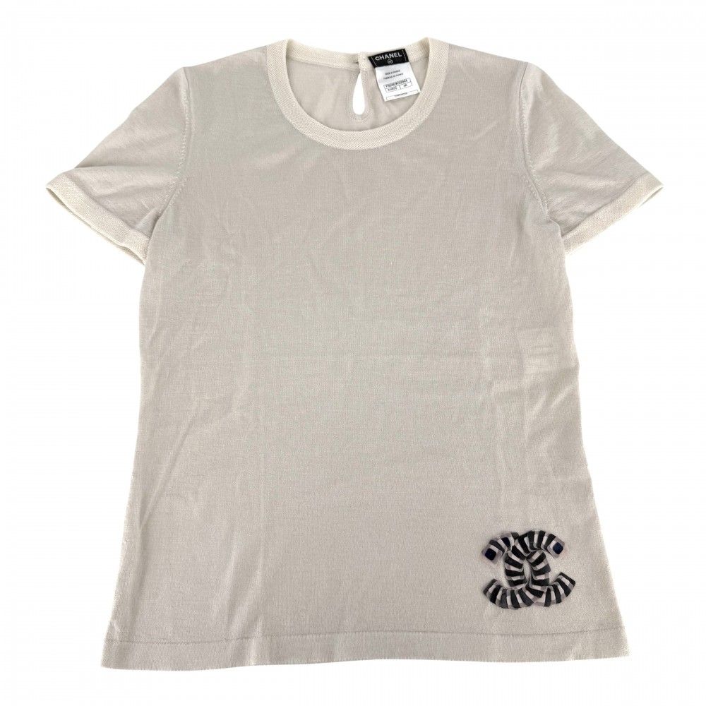 Chanel Top CC Logo Short Sleeve Knit 36 Beige Cashmere Silk Summer Sweater