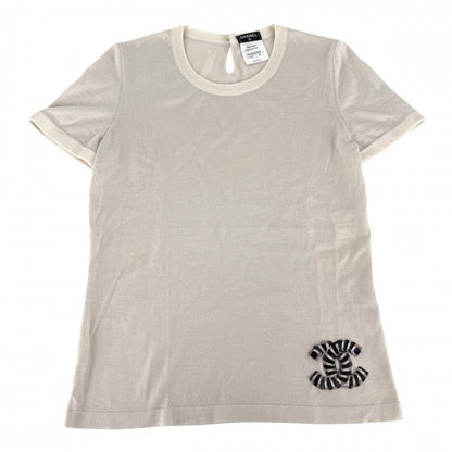 Chanel Top CC Logo Short Sleeve Knit 36 Beige Cashmere Silk Summer Sweater