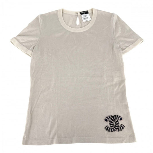 Chanel Top CC Logo Short Sleeve Knit 36 Beige Cashmere Silk Summer Sweater