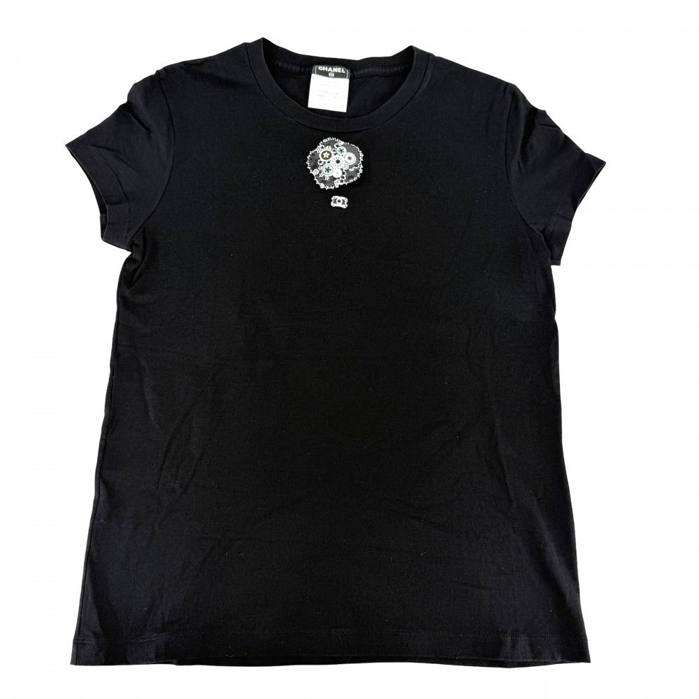 Chanel Short Sleeve T-Shirt CC Logo Top with Corsage 38 Black Cotton Summer