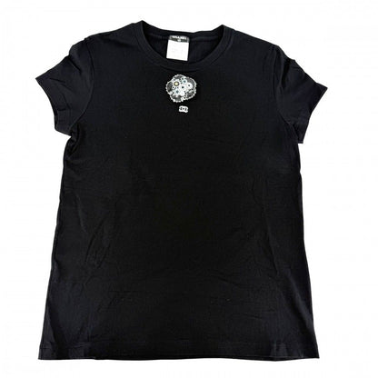 Chanel Short Sleeve T-Shirt CC Logo Top with Corsage 38 Black Cotton Summer
