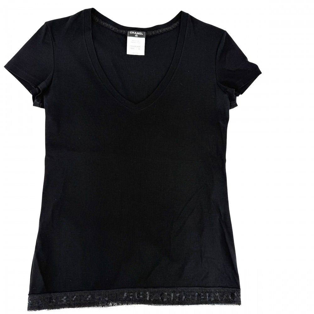 Chanel Short Sleeve T-Shirt Neck Lace Top Logo 36 Black Cotton Polyester Summer