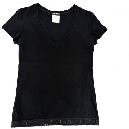 Chanel Short Sleeve T-Shirt Neck Lace Top Logo 36 Black Cotton Polyester Summer