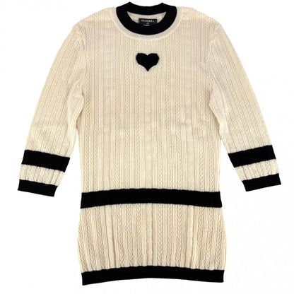 Chanel Top CC Logo Knit Heart 36 Ivory Black Wool Spring Autumn Sweater