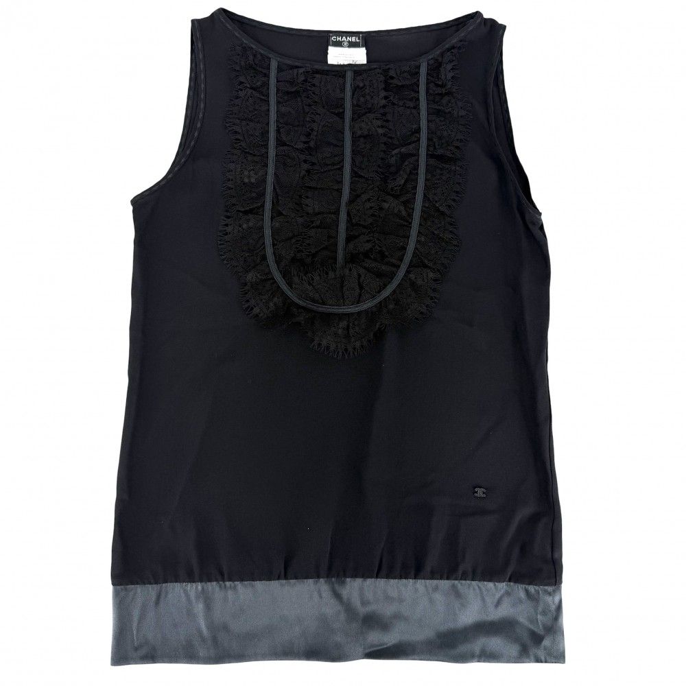 Chanel Tank Top Sleeveless Top CC Logo Lace 38 Black Silk Summer